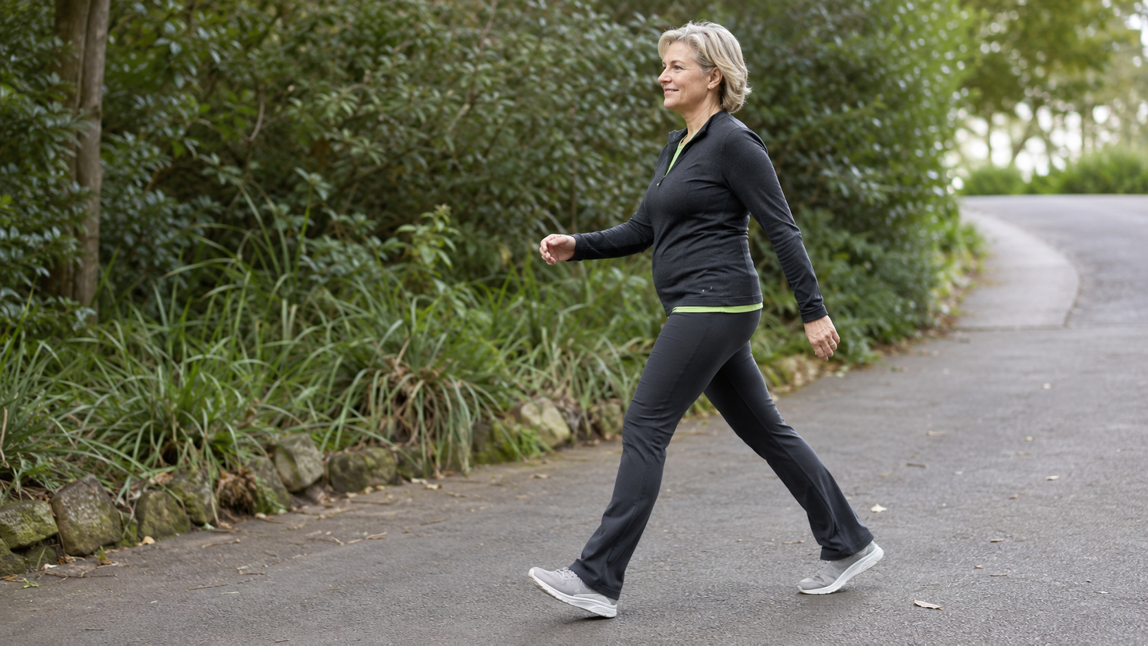 Woman over 50 walking with a strong, natural stride on a path in Lane Cove